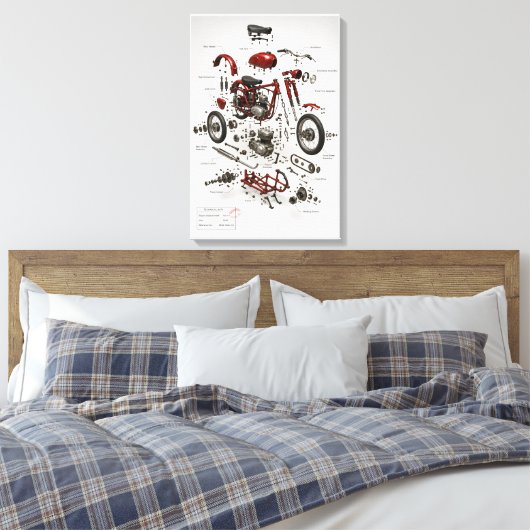1949 Vintage Motorfiets Technische Explosieprint Canvas Afdruk (Insitu (Slaapkamer))