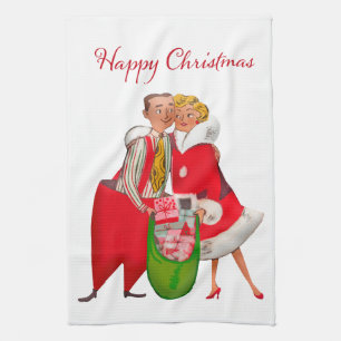 1950 Antiek Koppel met Kerstcadeau Zak Theedoek