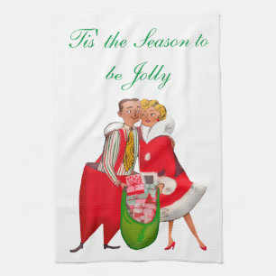 1950 Antiek Koppel met Kerstcadeau Zak Theedoek