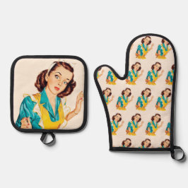 1950 Bakdag Vintage Vrouw in Schort Ovenwant & Pannenlap Set