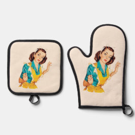 1950 Bakdag Vintage Vrouw in Schort Ovenwant & Pannenlap Set
