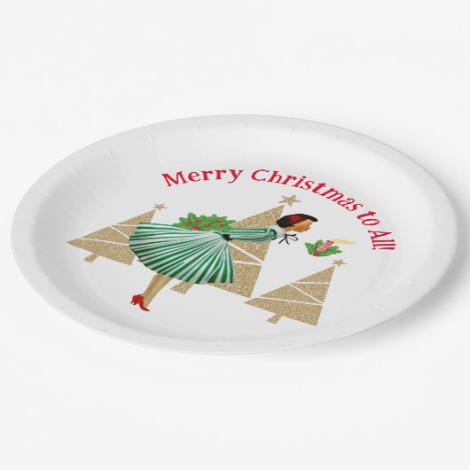 1950  dame kerstgroeten papieren bordje (Gekanteld)