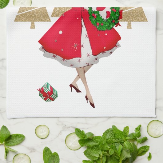 1950 dame kerstgroeten theedoek (Gevouwen)