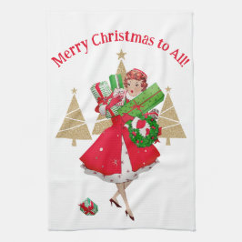1950  dame kerstgroeten theedoek