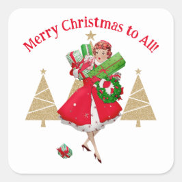 1950  dame kerstgroeten vierkante sticker