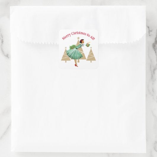 1950 dame kerstgroeten vierkante sticker (Tas)