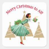 1950 dame kerstgroeten vierkante sticker (Voorkant)