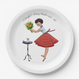 1950  dame met bloemen papieren bordje