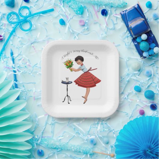 1950  dame met bloemen papieren bordje (Feest)