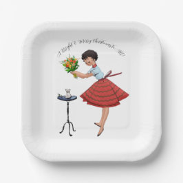 1950  dame met bloemen papieren bordje