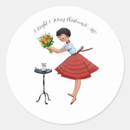 1950  dame met bloemen ronde sticker