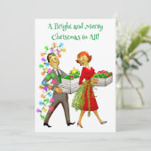 1950  dame versieren kerstboom feestdagenkaart (Staand voorkant)