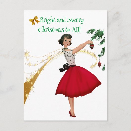 1950  dame versieren kerstboom feestdagenkaart (Voorkant)