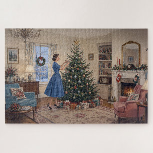 1950 Dame versiert Kerstboom Prettig Kerstfeest Legpuzzel