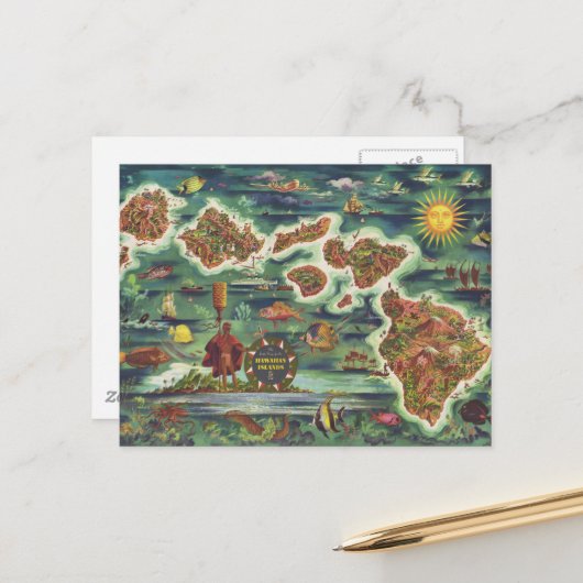 1950 Dole Map of Hawaii Joseph Feher Oil Paint Briefkaart (Voorkant / Achterkant in situ)