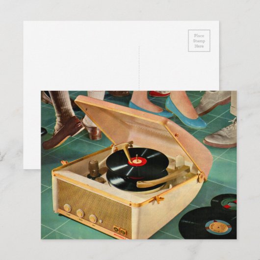 1950 draagbare platenspeler en briefkaart (Voorkant / Achterkant)