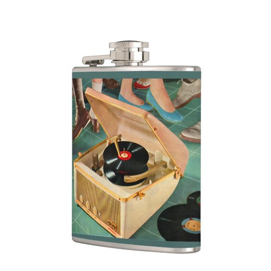 1950 draagbare platenspeler en heupfles (Links)