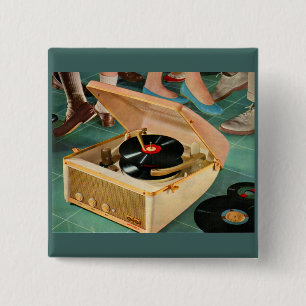 1950 draagbare platenspeler en vierkante button 5,1 cm