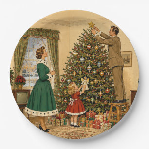1950 Familie versiert Kerstboom Vrolijk Kerstfeest Papieren Bordje