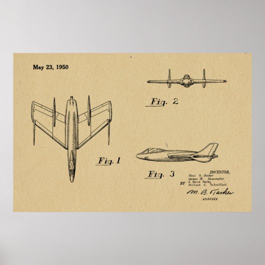 1950 Jet Airplane Patent Drawing Art Print (Voorkant)