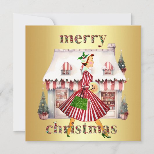 1950 Kerst  Lady Shopping Feestdagenkaart (Voorkant)