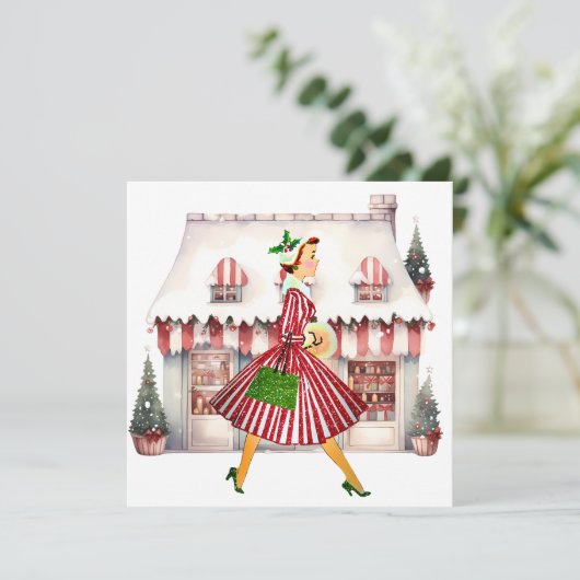 1950 Kerst  Lady Shopping Feestdagenkaart (Staand voorkant)