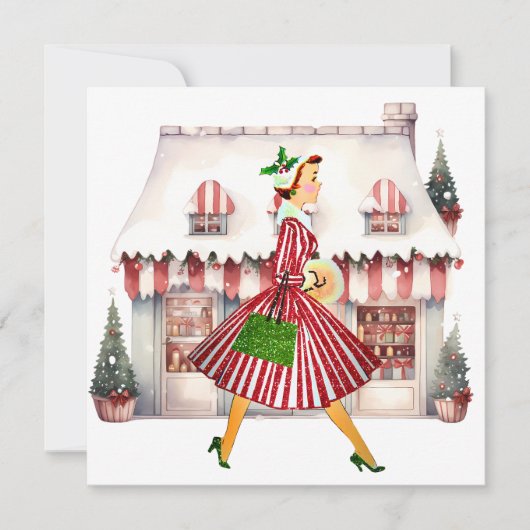 1950 Kerst  Lady Shopping Feestdagenkaart (Voorkant)