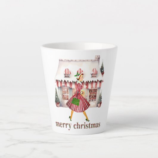 1950 Kerst  Lady Shopping Latte Mok (Voorkant)