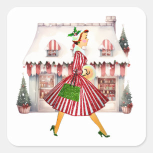 1950 Kerst  Lady Shopping Vierkante Sticker