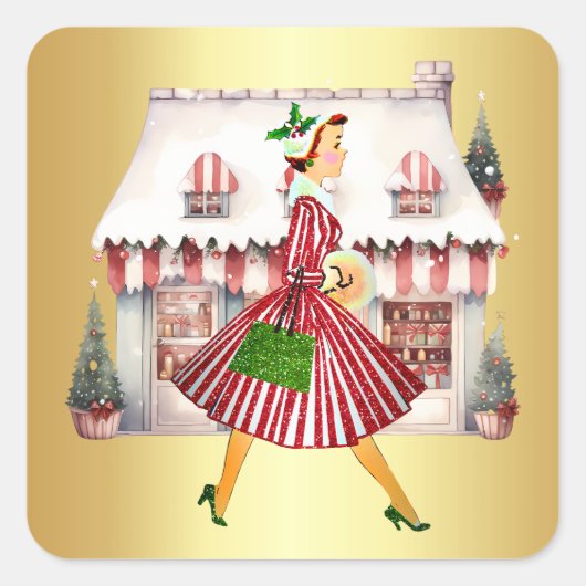1950 Kerst  Lady Shopping Vierkante Sticker (Voorkant)