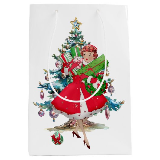 1950 Kerst Vintage Dame Medium Cadeauzakje (Voorkant)