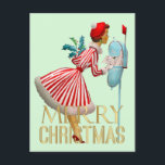 1950 Kerst Vintage Lady Merry Christmas Briefkaart<br><div class="desc">Kerstmis zoals het er in de jaren 1950 uitzag met dit retro kunstwerk van een dame,  helemaal gekleed in een volledig rokkeljurk</div>