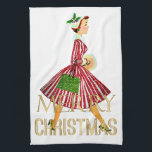 1950 Kerst Vintage Lady Merry Christmas Theedoek<br><div class="desc">Kerstmis zoals het er in de jaren 1950 uitzag met dit retro kunstwerk van een dame, helemaal gekleed in een volledig rokkeljurk</div>