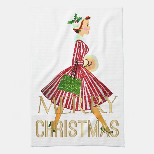 1950 Kerst Vintage Lady Merry Christmas Theedoek (Verticaal)