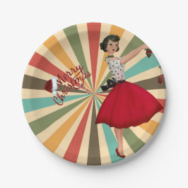 1950 Kerst Vrouw met Retro Achtergrond Papieren Bordje
