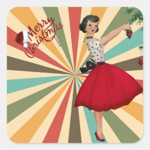 1950 Kerst Vrouw met Retro Achtergrond Vierkante Sticker