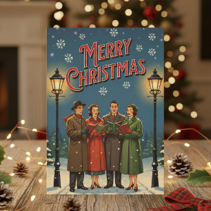1950 Kerstkaart – Vintage Kerstzangers in Sneeuw