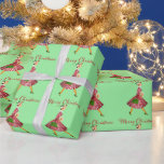 1950 Kerstman  dame Cadeaupapier<br><div class="desc">Kerstmis in de jaren '50 met een retro-kunstwerk van een vrouw die allemaal in pet gekleed is en een volle roekjurk in glitterrood en groen.</div>