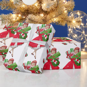 1950 Kerstman dame Cadeaupapier
