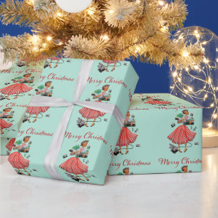 1950 Kerstman dame Cadeaupapier