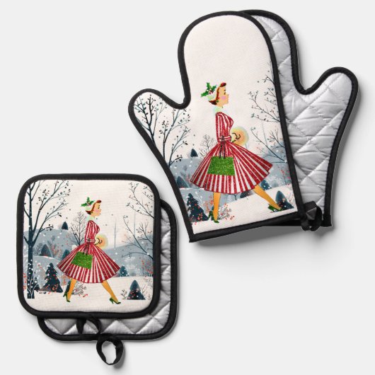 1950 Kerstman  dame Ovenwant & Pannenlap Set (Voorkant / Achterkant)