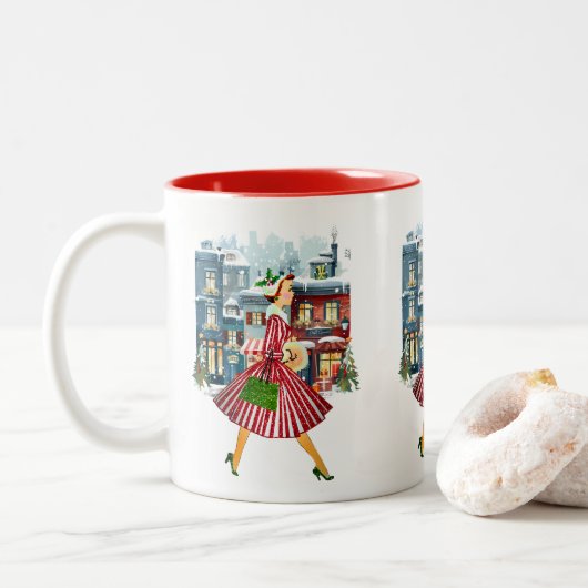 1950 Kerstman dame Tweekleurige Koffiemok (Met donut)