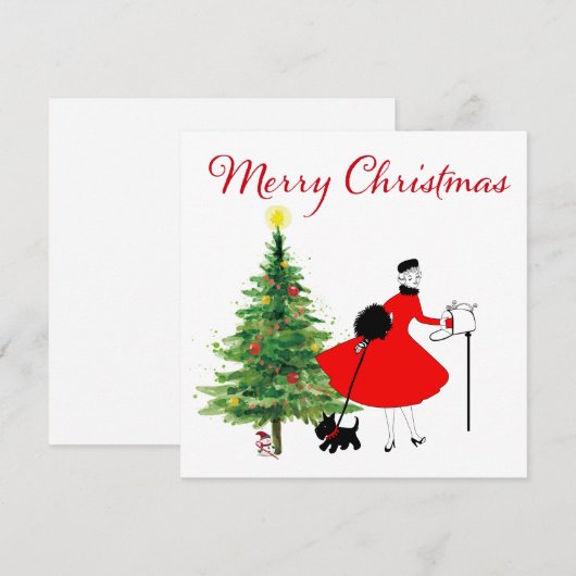 1950 Kerstmis Dame met Hond   Feestdagenkaart (Voorkant / Achterkant)
