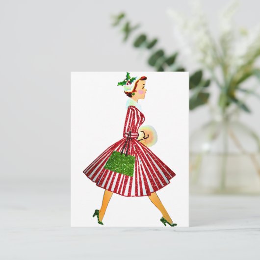 1950 Kerstmis Vintage Dame Briefkaart (Staand voorkant)