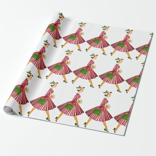 1950 Kerstmis Vintage Dame Cadeaupapier (Uitgerold)