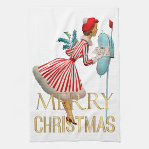 1950 Kerstmis Vintage Dame Prettig Kerstfeest Theedoek
