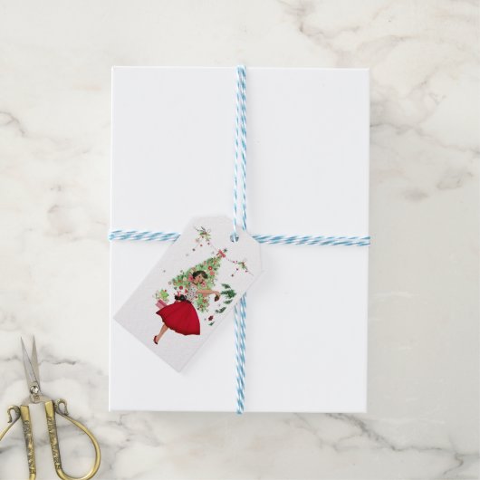 1950 Kerstmisvrouw met Kerstboom Cadeaulabel (Met Touw)