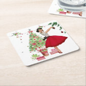 1950 Kerstmisvrouw met Kerstboom Kartonnen Onderzetters (Schuin)