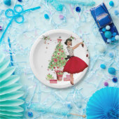 1950 Kerstmisvrouw met Kerstboom Papieren Bordje (Feest)