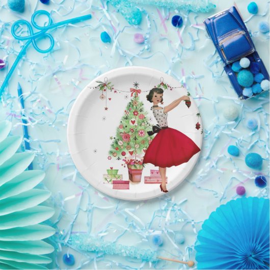 1950 Kerstmisvrouw met Kerstboom Papieren Bordje (Feest)